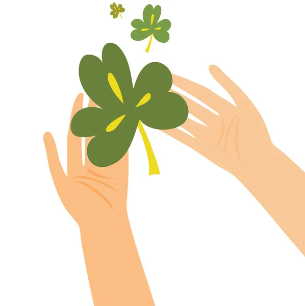 Hands holding clover leaf — Stock Vector
