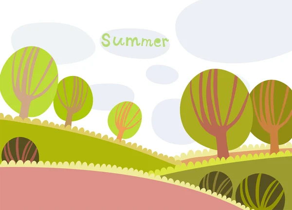 Πολύχρωμο καλοκαίρι τοπίο με δέντρα και τα σύννεφα — Διανυσματικό Αρχείο