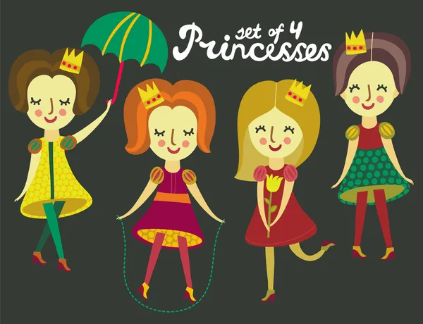 Conjunto de 4 princesas coloridas bonitos — Vetor de Stock