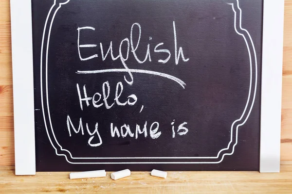 Angol Nyelvoktatás Elsajátítása Chalk Board Koncepcióval Hello Name — Stock Fotó