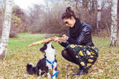 Güz Parkı 'nda evlat edinilmiş Siyah ve Beyaz Köpeğiyle oynayan Güzel Genç Kadın
