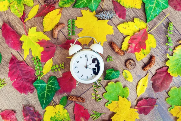 Fall Back Time - Daylight Savings End - Return To Winter Time. Autumn Leaves and Vintage Clock on a Wooden Background