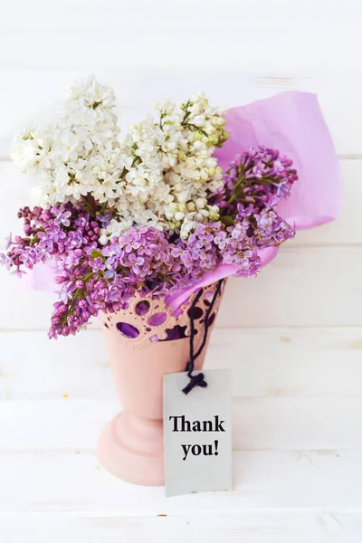 Beautiful White Purple Lilac Flowers Thank You Message — Zdjęcie stockowe