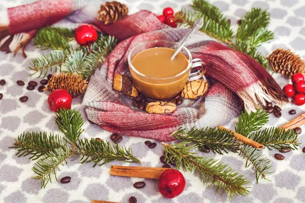 Weihnachtsplätzchen Und Kaffeetasse Einen Blauen Schal Gewickelt Traditionelle Weihnachtskekse — Stockfoto