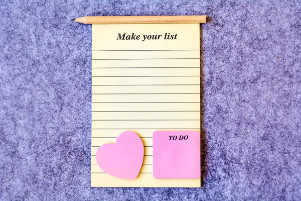 Yellow Notebook Empty List Pencil Pink Heart Sticky Notes — 스톡 사진