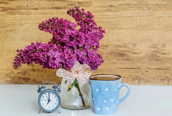 Bouquet Purple Lilac Cup Coffee Alarm Clock Morning Concept — Zdjęcie stockowe