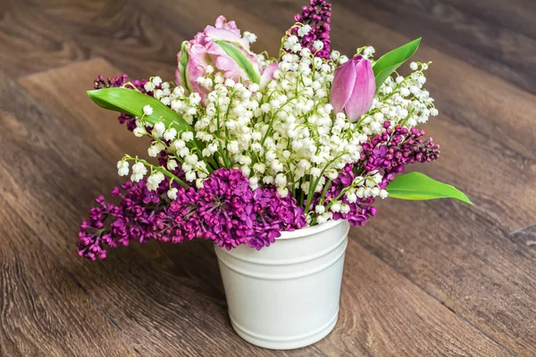 Lily Valley Lilac Bouquet Vase Wooden Background Copy Space Spring — Stok fotoğraf