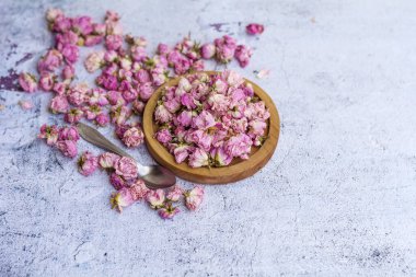 Flower tea rose buds on gray textured background with copy space