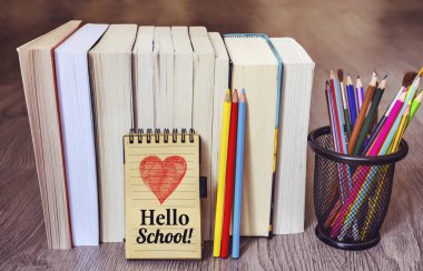 Hello School Concept with Colorful pencils ,books and notebook