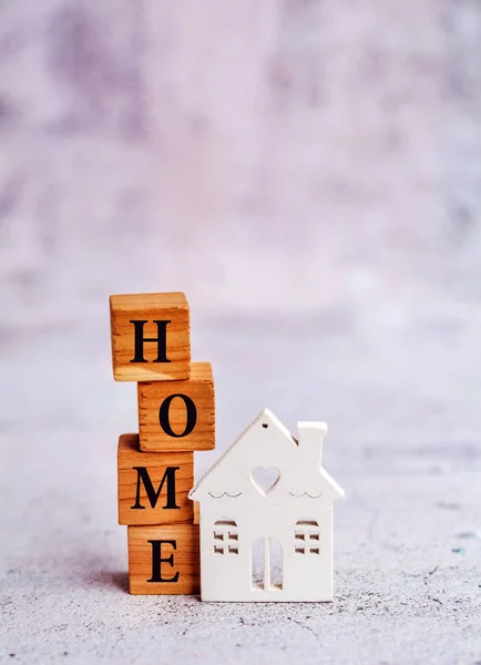 Home Word Written Wooden Cubes Wooden Mini House Gray Textured —  Fotos de Stock