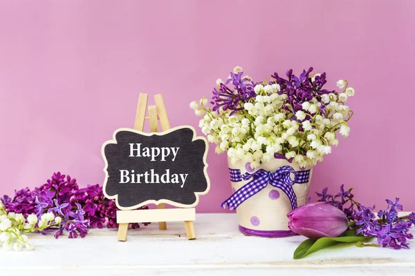 Happy Birthday Card Spring Flowers Pink Background —  Fotos de Stock