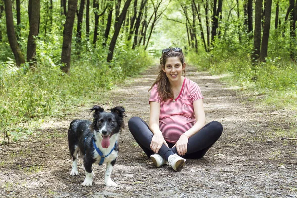 Счастливая Беременная Женщина Играет Своей Спасенной Собакой Летнем Парке — стоковое фото