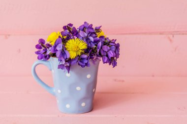 Güzel Mor Menekşe Çiçekleri Küçük Mavi Kupada Pembe Tahta Arkaplanda Noktalar