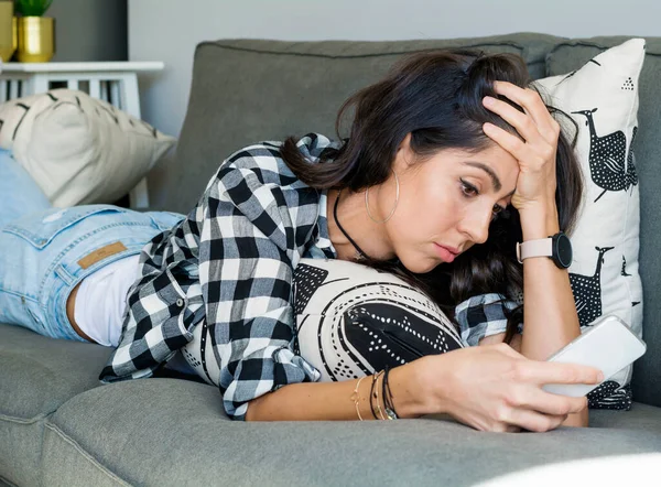 Beautiful Sad Worried Unhappy Woman Looking Her Smartphone — Stock Photo, Image