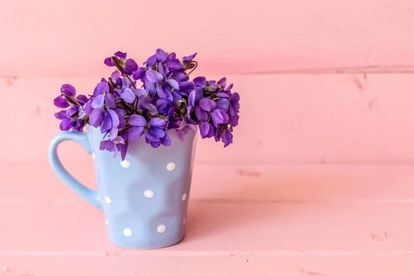 Mooi Boeket Van Paarse Viooltjes Bloemen Een Kleine Blauwe Beker — Stockfoto