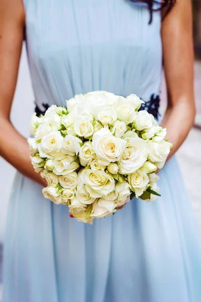 Beautiful White Bouquet of Roses in Woman Hands