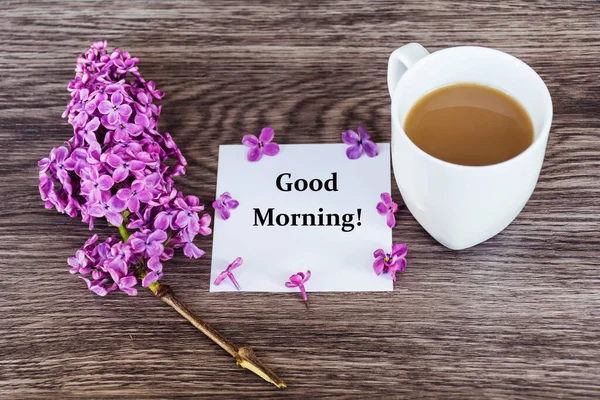Cup Coffee Good Morning Purple Lilac Top View — Stockfoto