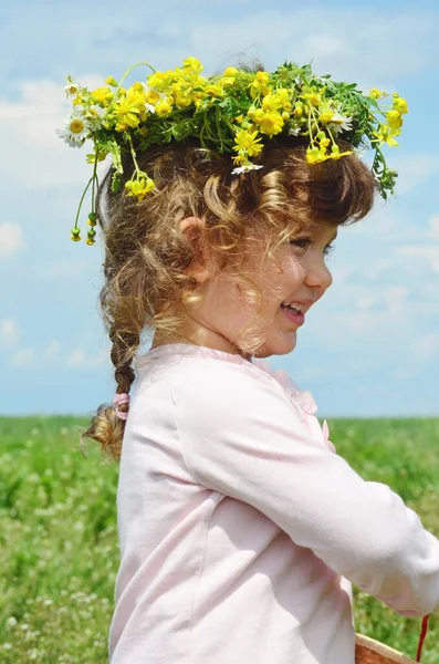 Menina Loira Bonito Com Coroa Flores Prado Fazenda — Fotografia de Stock