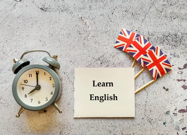 Impara Inglese Concetto Educazione Linguistica Con Bandiere Britanniche Sveglia Scheda — Foto Stock