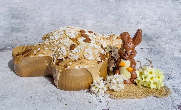 Traditional Italian Easter Dove Bread Colomba , Chocolate Easter Eggs and Cherry Blossoms