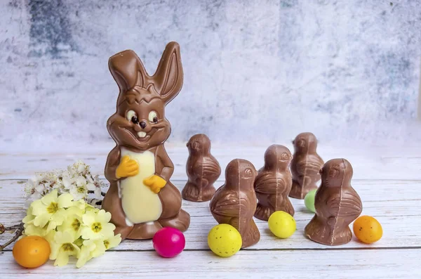 stock image Chocolate Easter Rabbit and Colorful Easter Candy .Easter Greeting Card