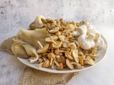 Gri dokulu arka planda çiğ mantar çeşitliliğiyle tabak