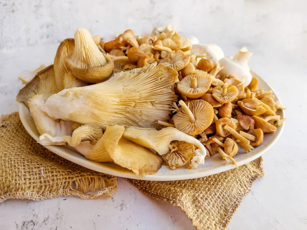 Gri dokulu arka planda çiğ mantar çeşitliliğiyle tabak