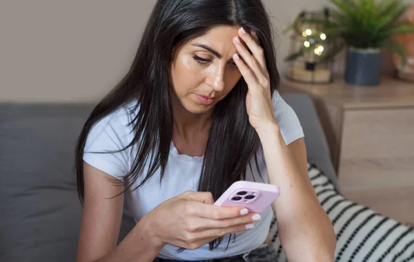 Beautiful Sad Worried Unhappy Woman Looking Her Smartphone Home —  Fotos de Stock