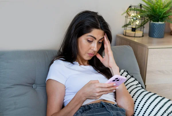 Beautiful Sad Worried Unhappy Woman Looking Her Smartphone Home — Photo