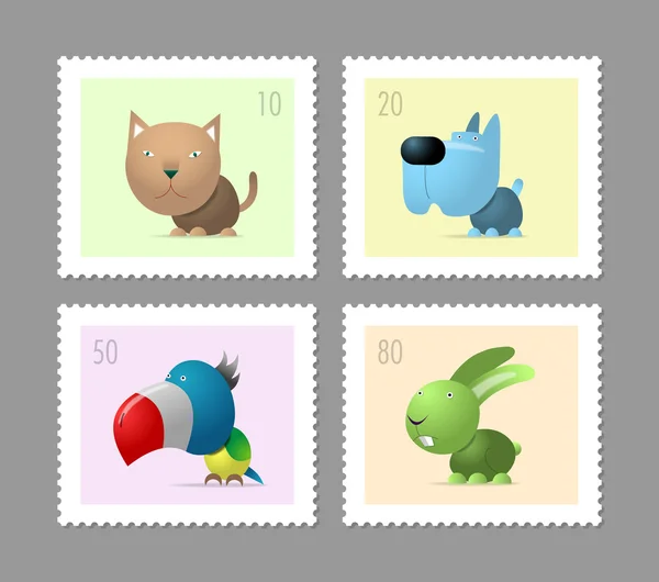 Four postage stamps with pets — Stock Vector