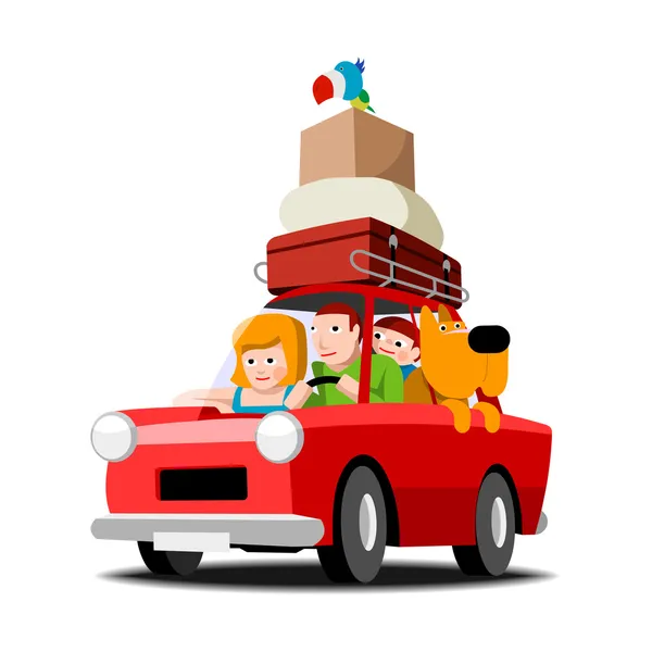 Familia en un coche rojo — Vector de stock