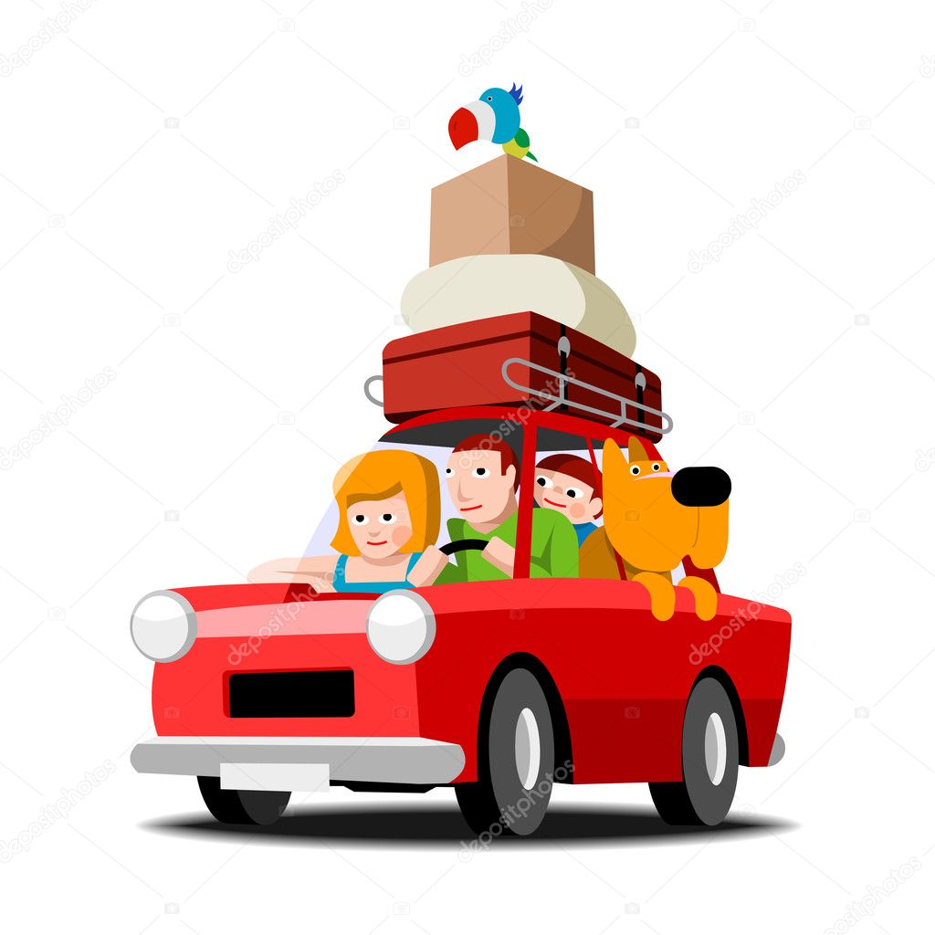 Family in a red car
