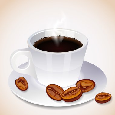 dumanı tüten bir fincan kahve ve kahve çekirdekleri