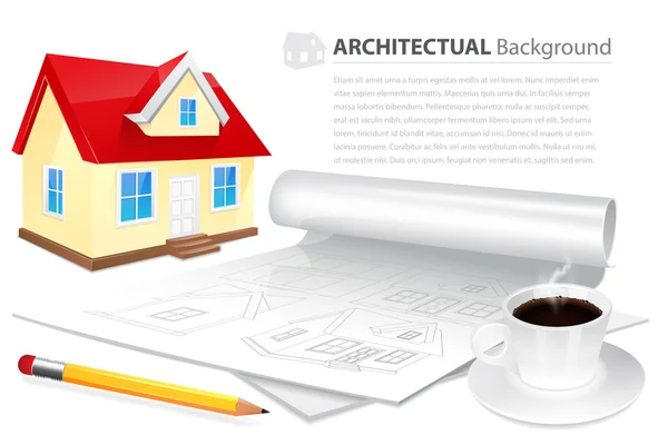 Hus värdt plan ritning, kopp kaffe och pensil — Stock vektor