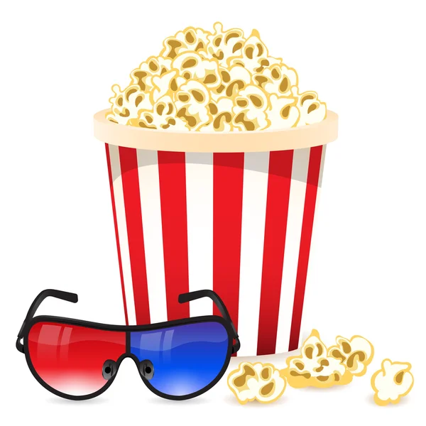 Cinema background with 3D glasses and popcorn — Stock Vector