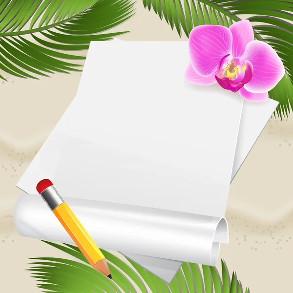 Beach background with leaves of palm and orchid — Stockový vektor