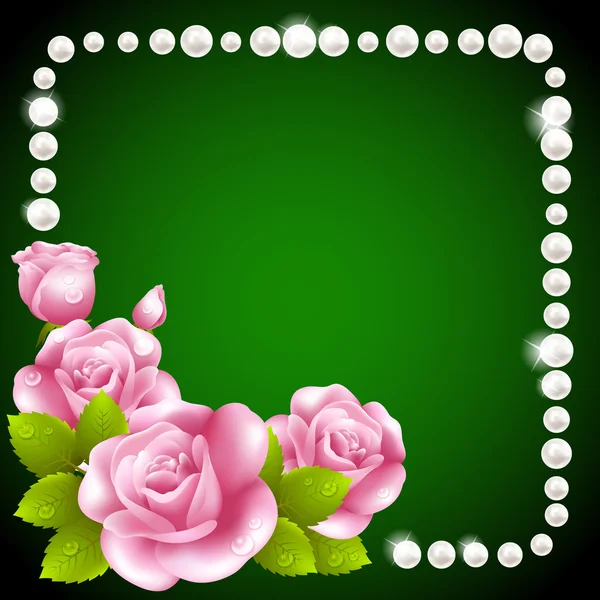 Pink rose and pearls frame — Stock Vector