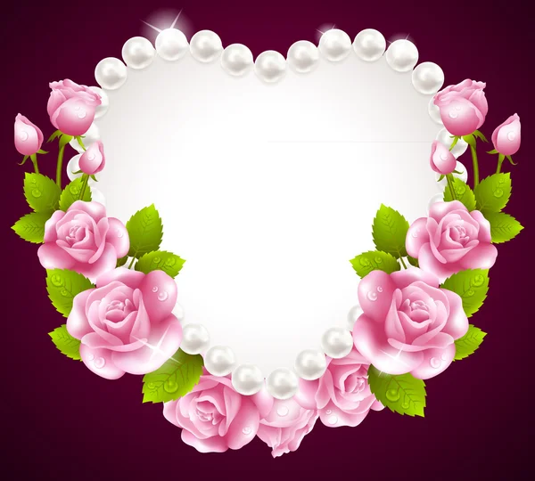Hqert 粉红色玫瑰和珍珠帧 — 图库矢量图片