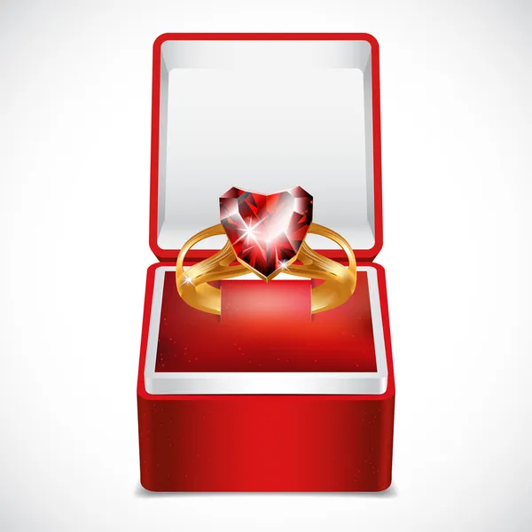 Anel de ouro com pedra preciosa coração rosa em caixa de veludo — Vetor de Stock
