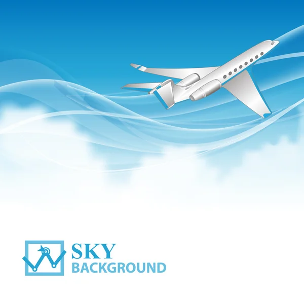 Fondo de viaje con avión y nubes blancas — Vector de stock