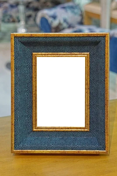 Antique Style Photo Frame Blue Gold Empty Space Portrait Picture — 스톡 사진