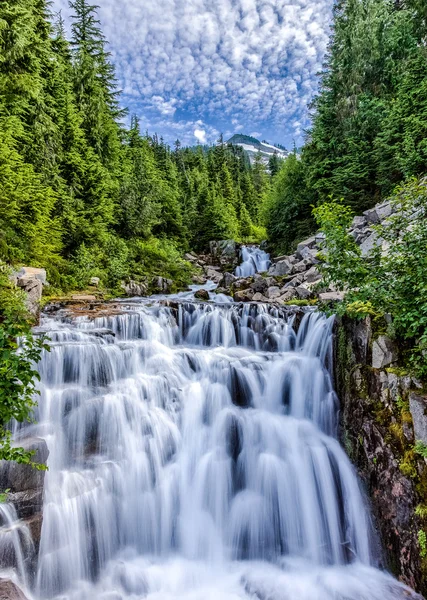 Каскадный поток на горе. Национальный парк Ранье с небом — стоковое фото