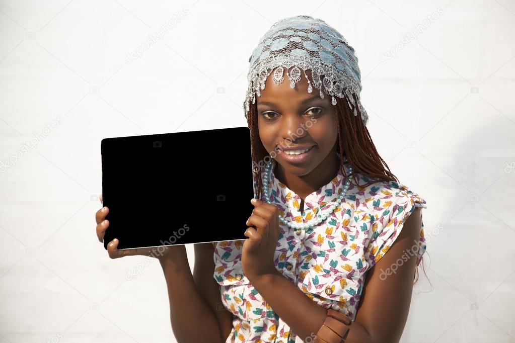 African Woman Holding a Blank black Sign