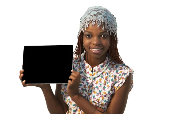 Femme africaine tenant un signe noir vierge Photo De Stock