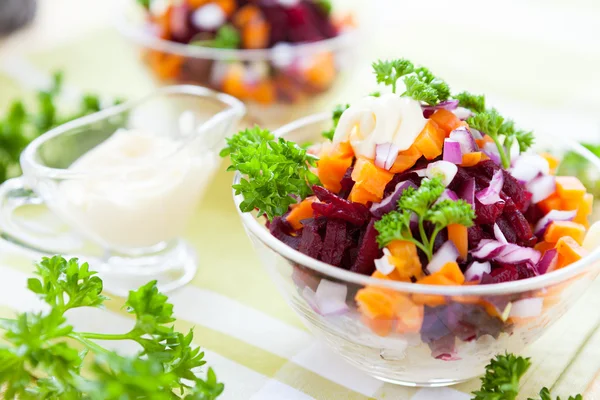 Salad with baked vegetables and herring — Stock Photo, Image