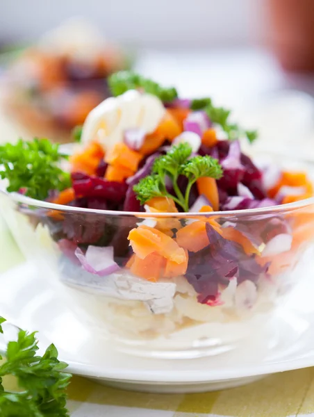 Ensalada con verduras y arenque salado — Foto de Stock