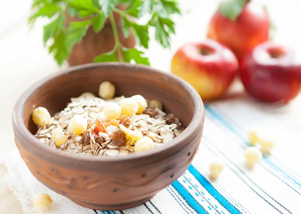 Muesli in a ceramic bowl and fresh apples in the background — Stock Photo, Image