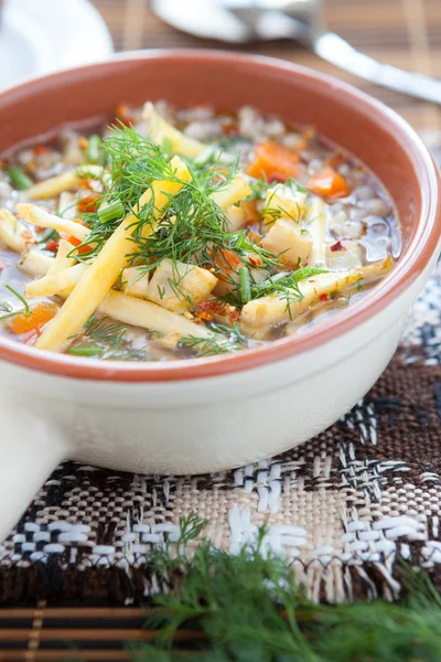 Boekweit soep met selderij in terrine — Stockfoto