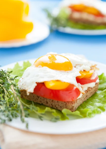 Яйцо на овощи и хлеб — стоковое фото