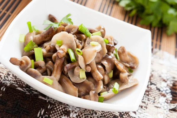 Honey agarics mushroom salad with chives — Stock Photo, Image